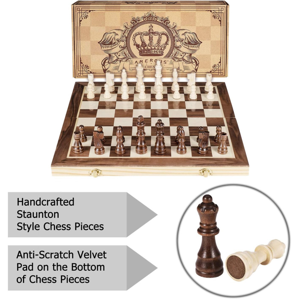 AMEROUS 15 Magnetic Wooden Chess Set with Extra Queens & Storage Slots