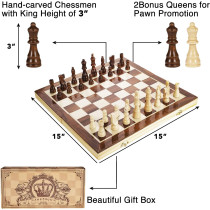 AMEROUS 15 Magnetic Wooden Chess Set with Extra Queens & Storage Slots