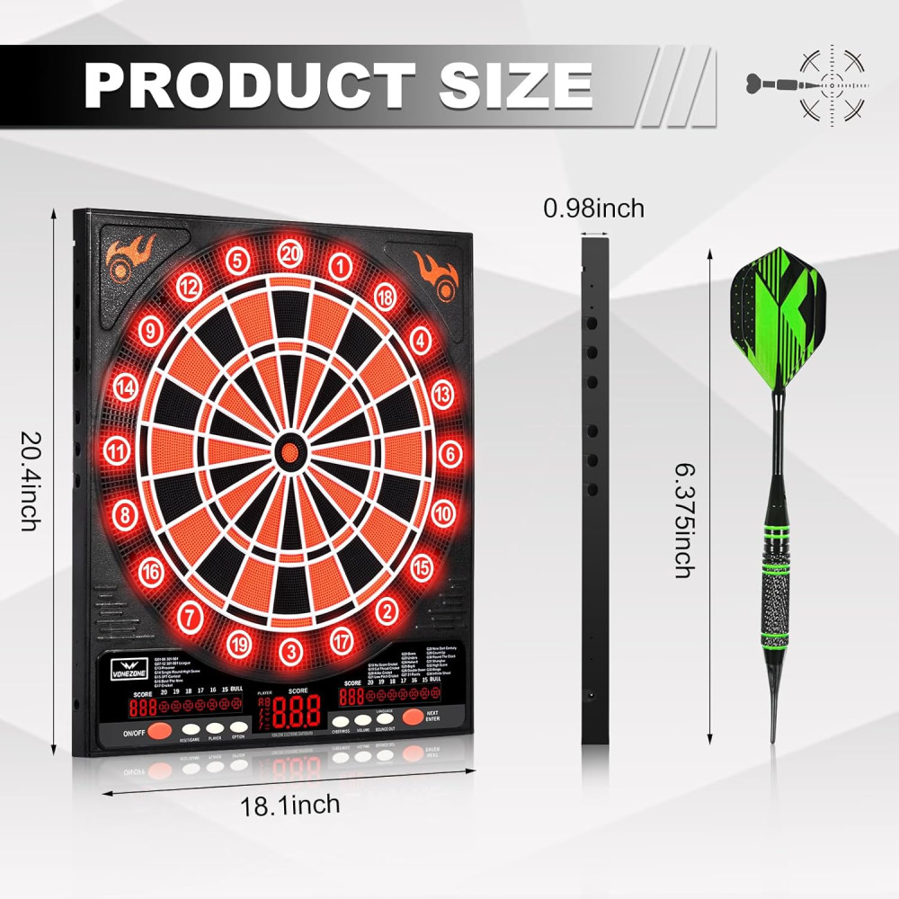 Electronic Dartboard with LED Display, 12 Soft Tip Darts, 8 Player Scoreboard