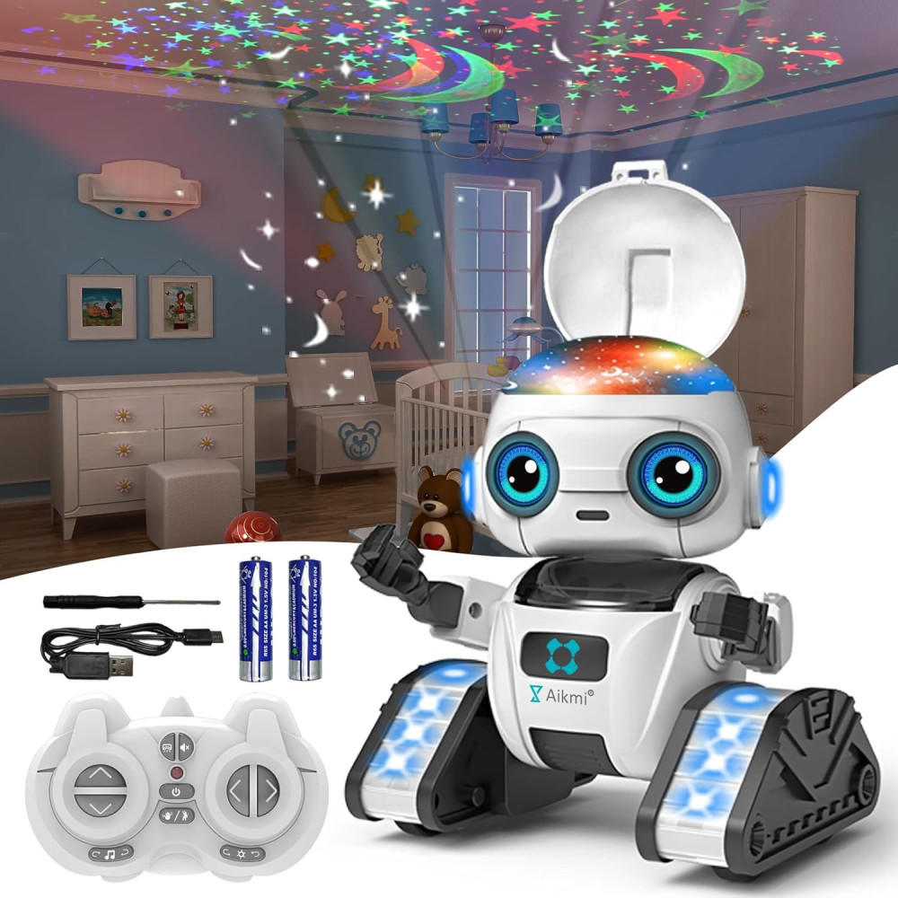 Aikmi Rechargeable Robot Toy for Kids 5-7 with Projector Night Light