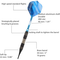 Soft Tip Darts Set 18/20g - Brass Barrel, Aluminum Shafts & Extras