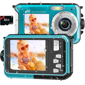 4K Waterproof Underwater Camera 11FT Dual-Screen 56MP with 32GB Card