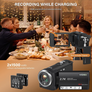 QHD 2.7K Camcorder 56MP Vlogging Camera w/ LED Light, 32GB & 2 Batteries