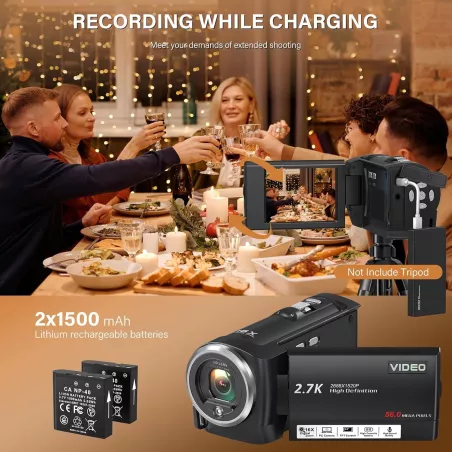Caméra Vidéo QHD 2.7K 56MP Zoom 16X avec Lumière LED & SD32GB