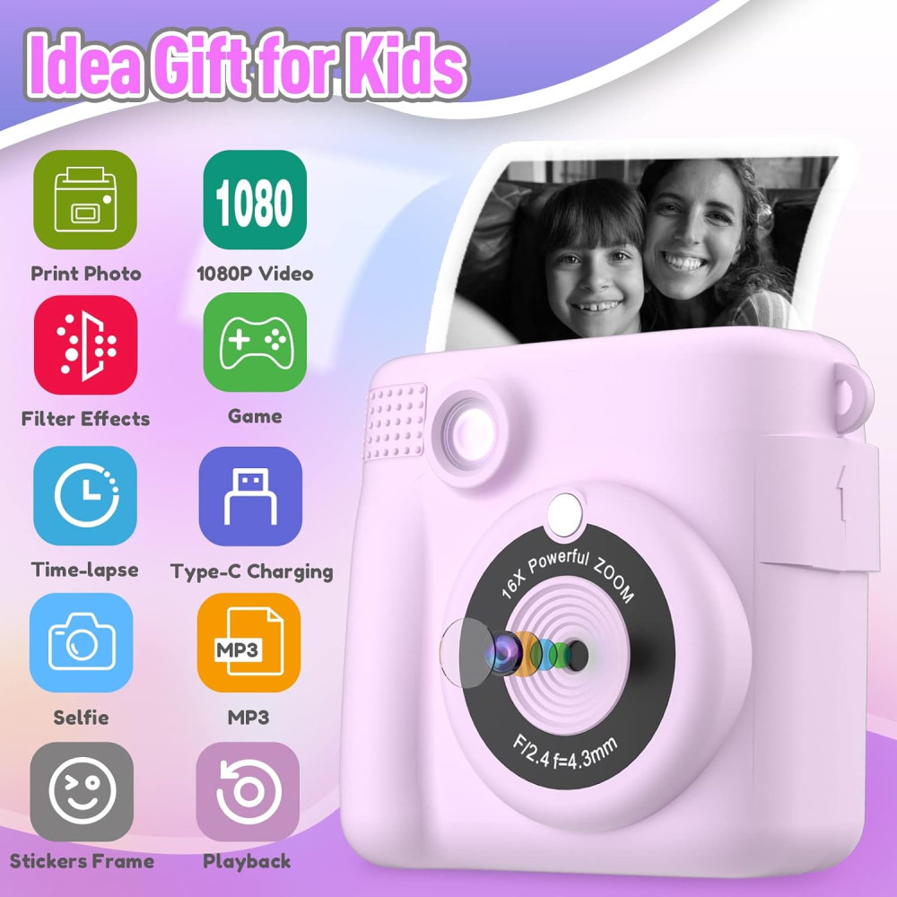 Instant Print Camera for Kids with 32GB Card - Perfect Gift for Ages 4-10