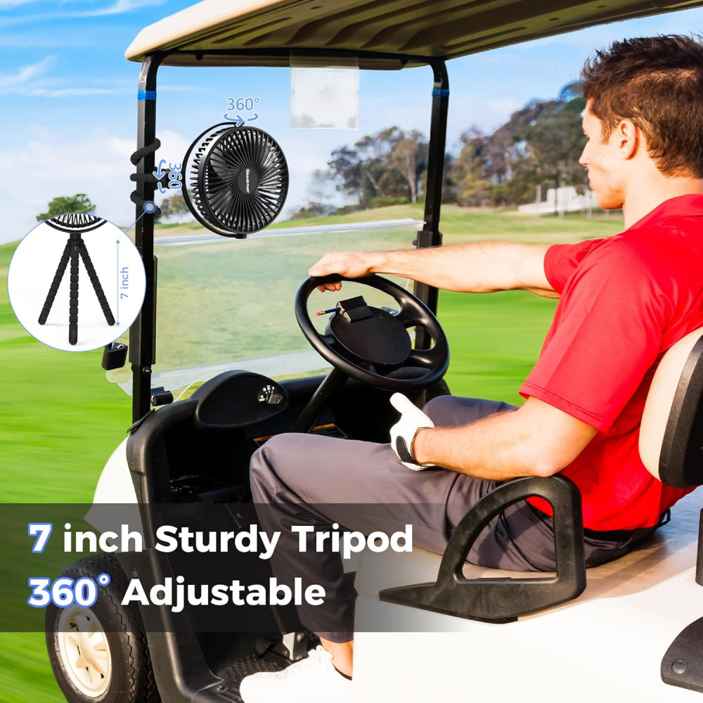 10000mAh Rechargeable Golf Cart Fan – 50H Run, 3 Speeds, 7 Clip-On