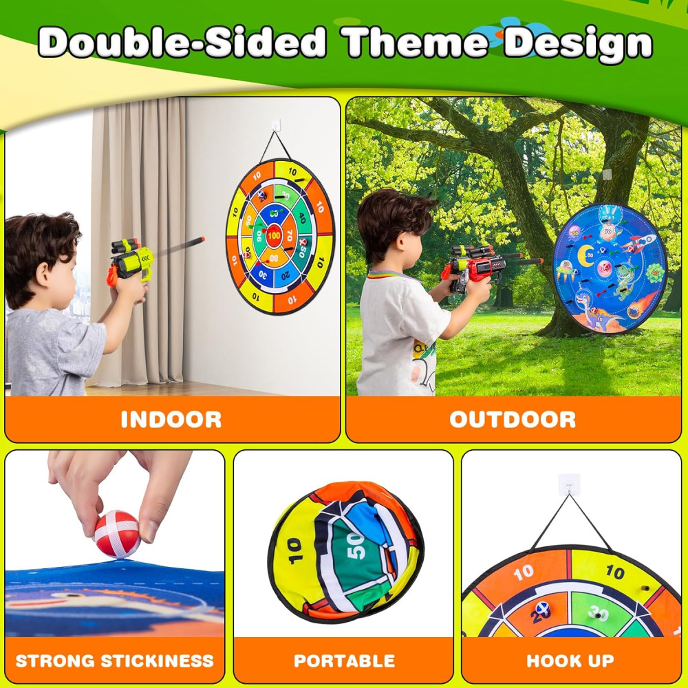 29 Double Sided Dart Board for Kids with Toy Guns, Balls & Darts