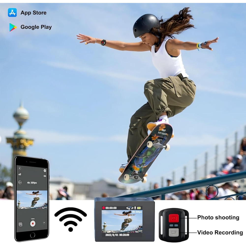 4K 30FPS WiFi Action Camera with 128GB Card & 98FT Waterproof Kit