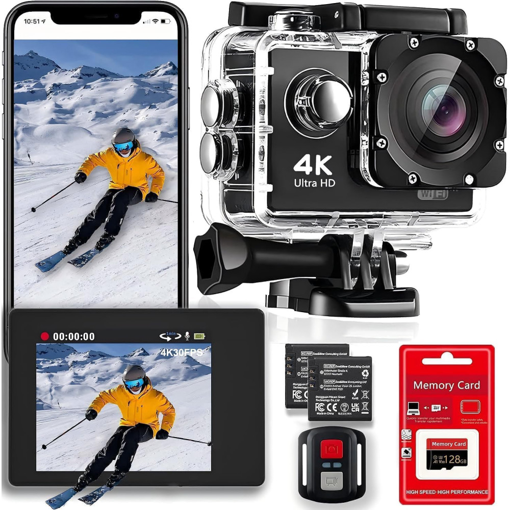 4K 30FPS WiFi Action Camera with 128GB Card & 98FT Waterproof Kit