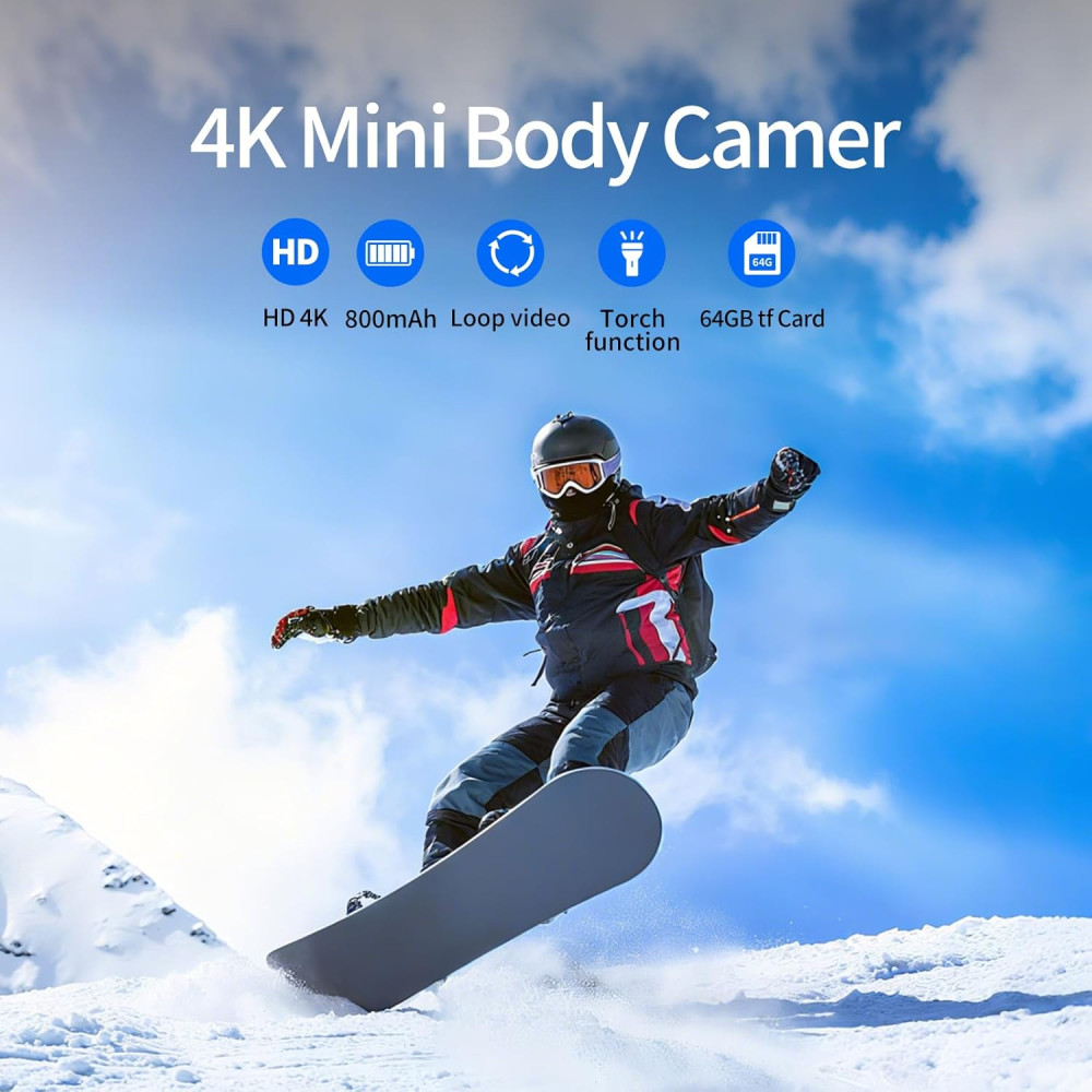 Mini Body Camera 64GB 4K 30FPS POV Wearable Sports Cam with Audio