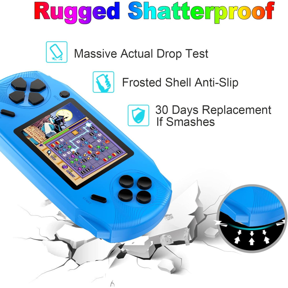 16-Bit Handheld Game Console 3 Screen Preloaded 100 Retro Games Blue