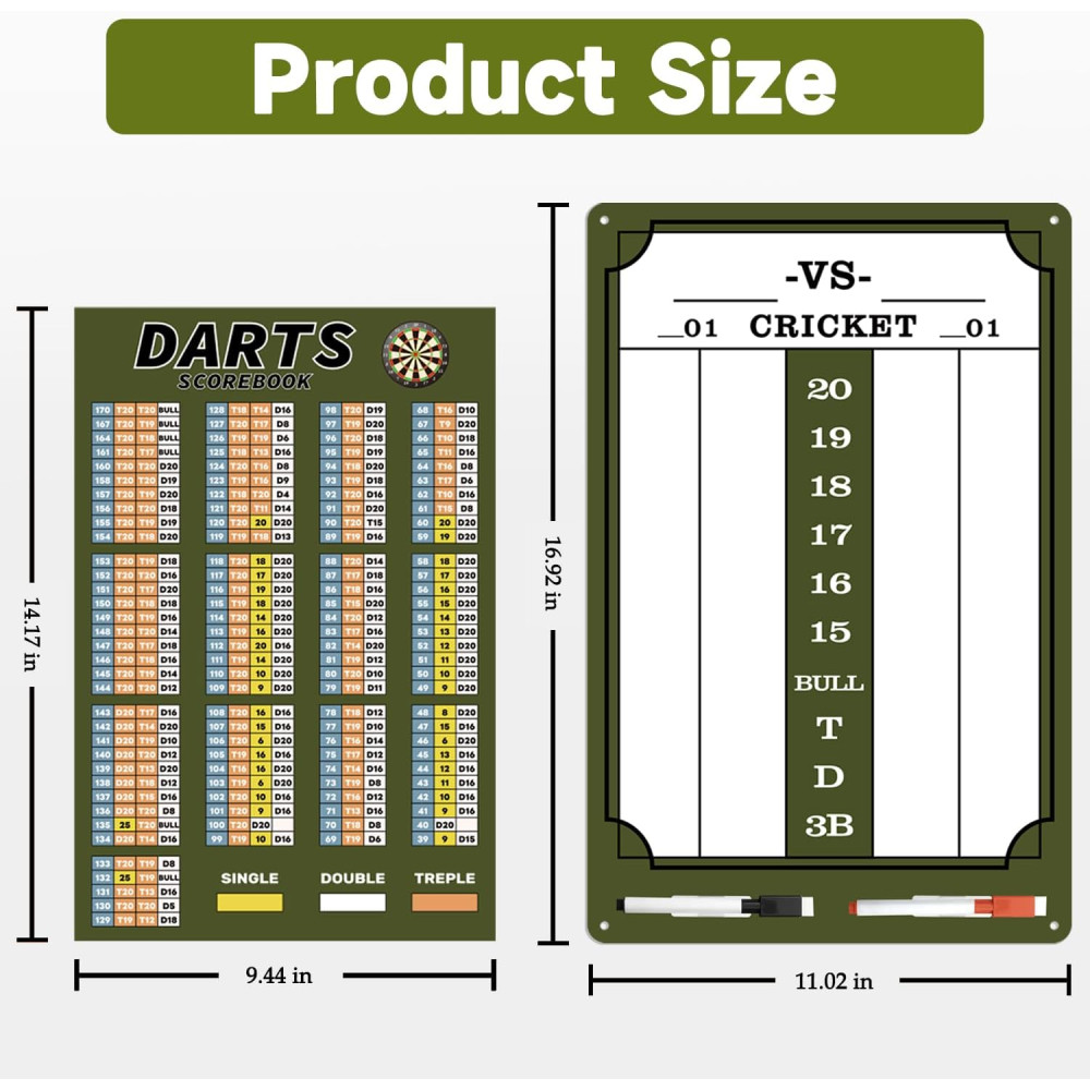 Darts Scoreboard Dry Erase for 301, 501 & Cricket + Scorebook & 2 Pens