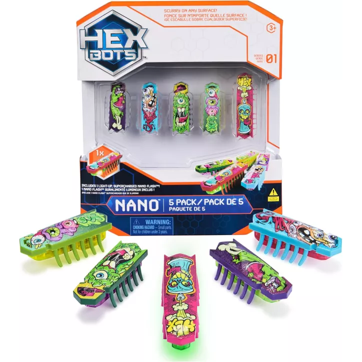 HEX BOTS Nano 5 Pack - 4 Mini Robots + Flash Bot Bonus, Jouet Sensoriel Vibrant pour Enfants & Chats 3+