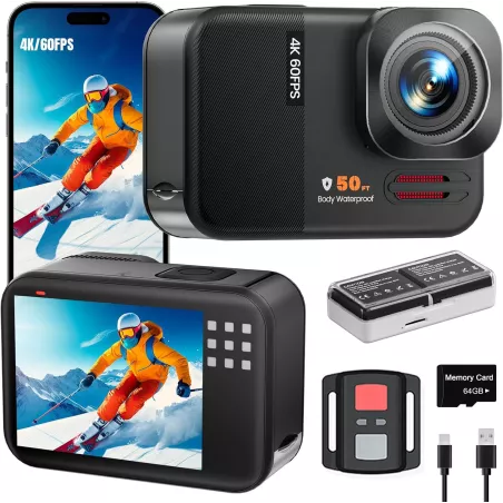 Caméra Action 4K 60FPS 48MP Étanche 50FT WiFi Écran Tactile