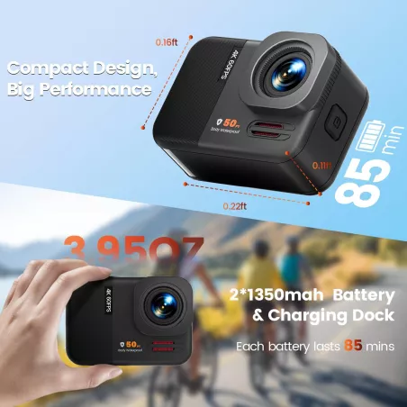 Caméra d'Action 4K 60FPS 48MP WiFi Étanche 50FT Écran Tactile EIS Zoom 8X 64Go Télécommande Kit Complet