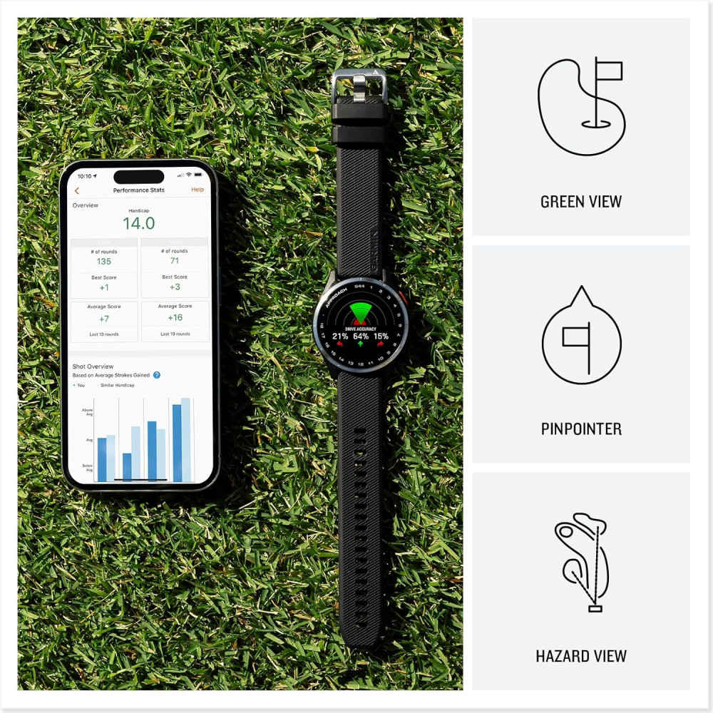 Garmin Approach S44 Golf GPS Smartwatch – AMOLED, Silver Bezel, Black Band