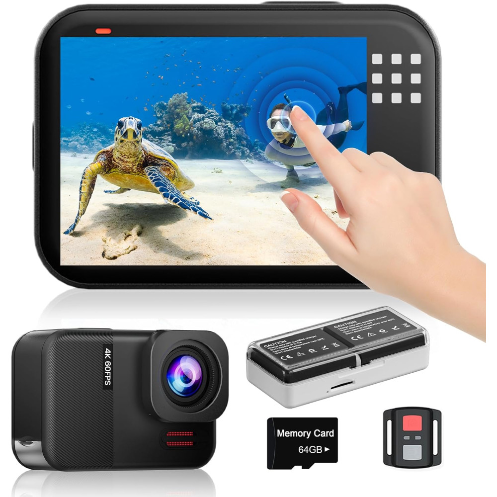 4K60fps Waterproof Action Camera 10M with 64GB, 48MP, 6-Axis Stabilization