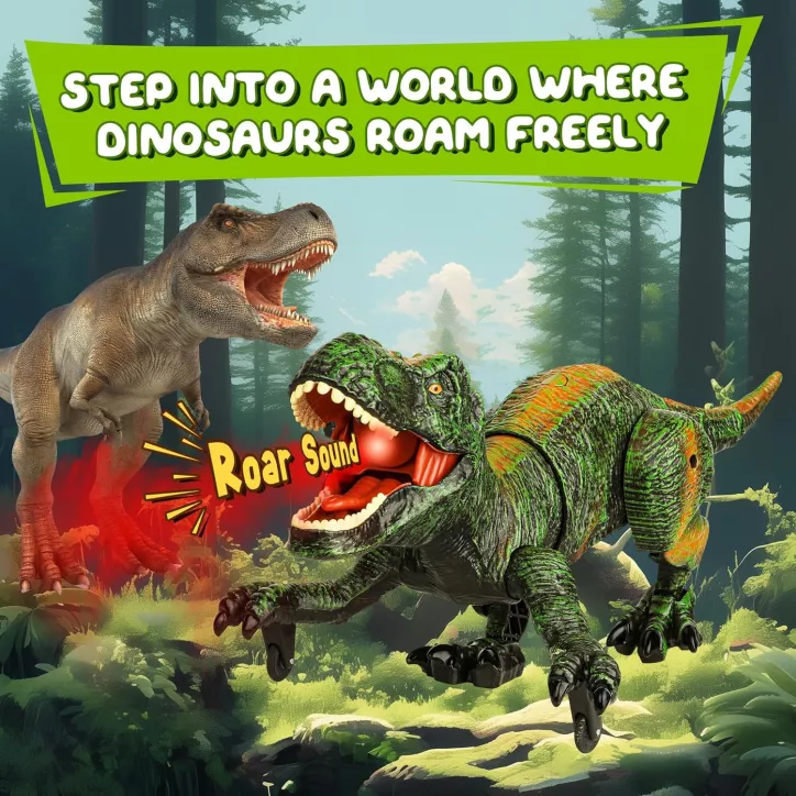 Dinosaure télécommandé réaliste : marche, rugit, brume d’eau et lumières pour un jeu préhistorique magique