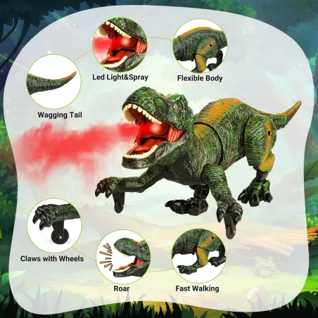 Dinosaure télécommandé réaliste : marche, rugit, brume d’eau et lumières pour un jeu préhistorique magique