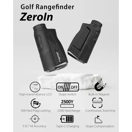 Adoptez le ZeroIn : télémètre 3-en-1, 1500/2500 yards, retour vibratoire, aimant, ultra lisible, autonomie optimale