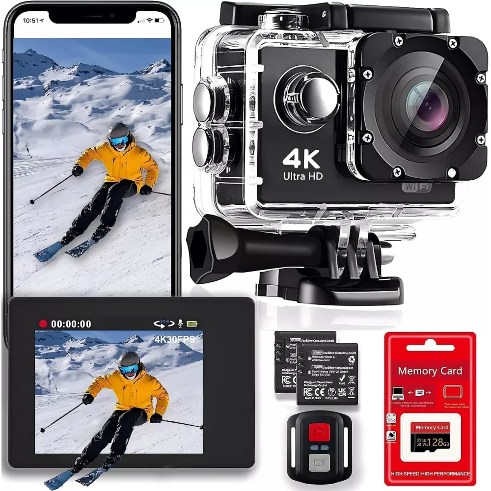 4K 30FPS WiFi Action Camera 128GB Waterproof 170° Wide Angle Kit