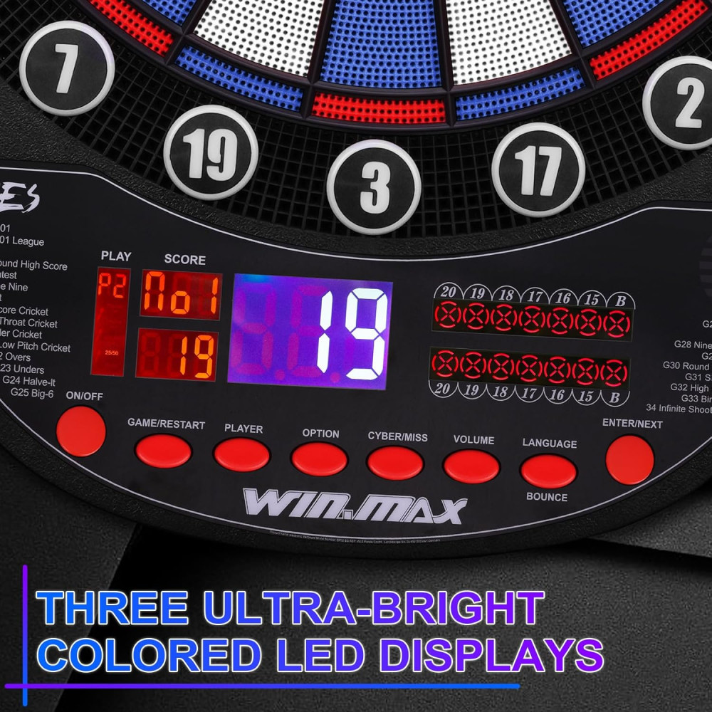 WIN.MAX Electronic Soft Tip Dartboard Set with LED & 12 Darts - 3 Languages