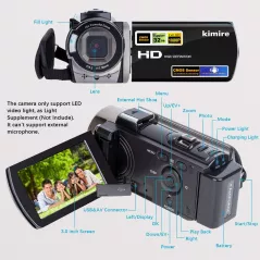 Caméscope Full HD 1080P 24MP LCD Rotatif 16X Zoom Noir