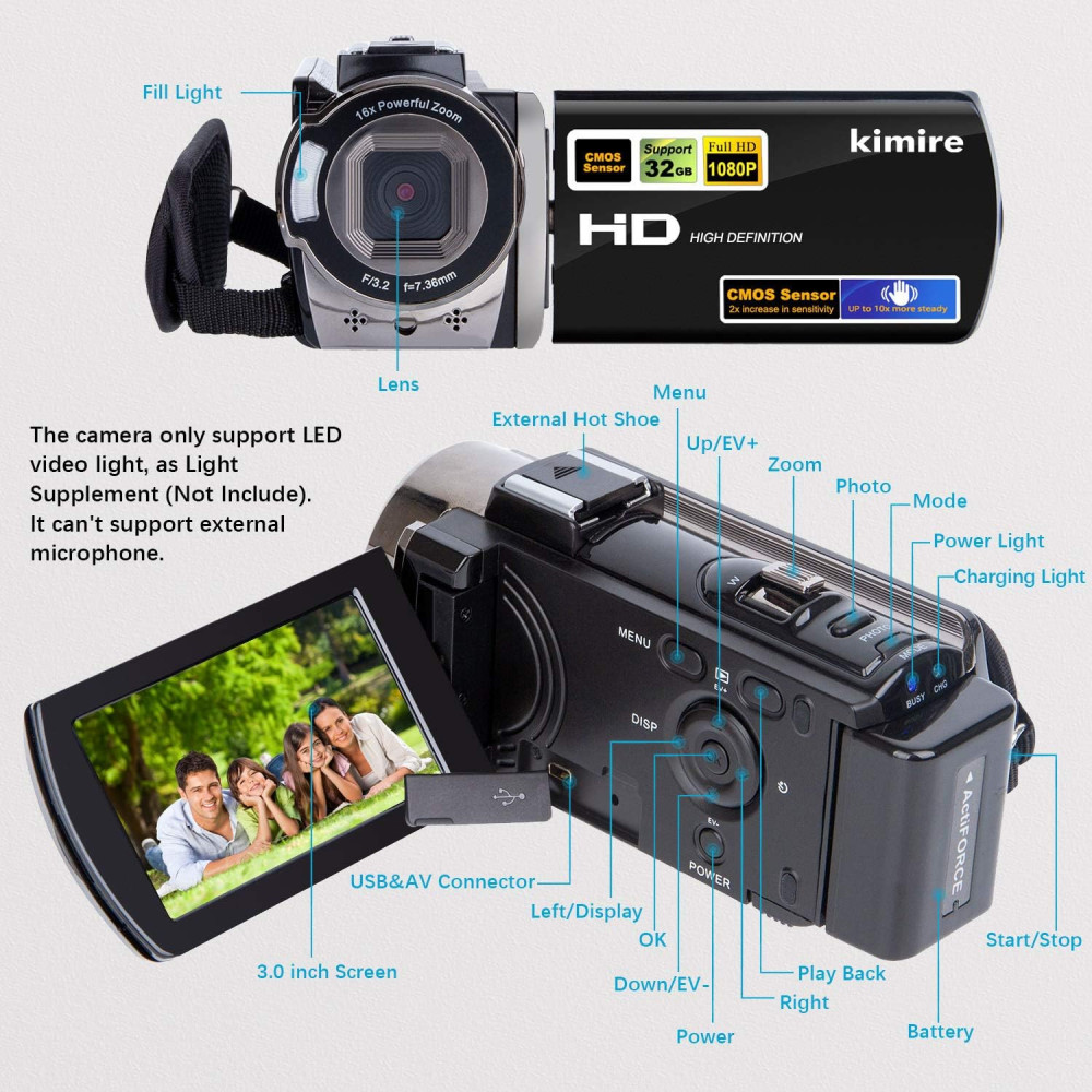 Caméscope Full HD 1080P 24MP LCD Rotatif 16X Zoom Noir