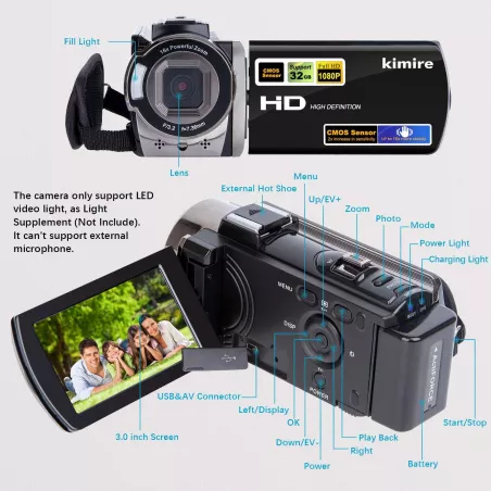 Caméscope Full HD 1080P 24MP LCD Rotatif 16X Zoom Noir
