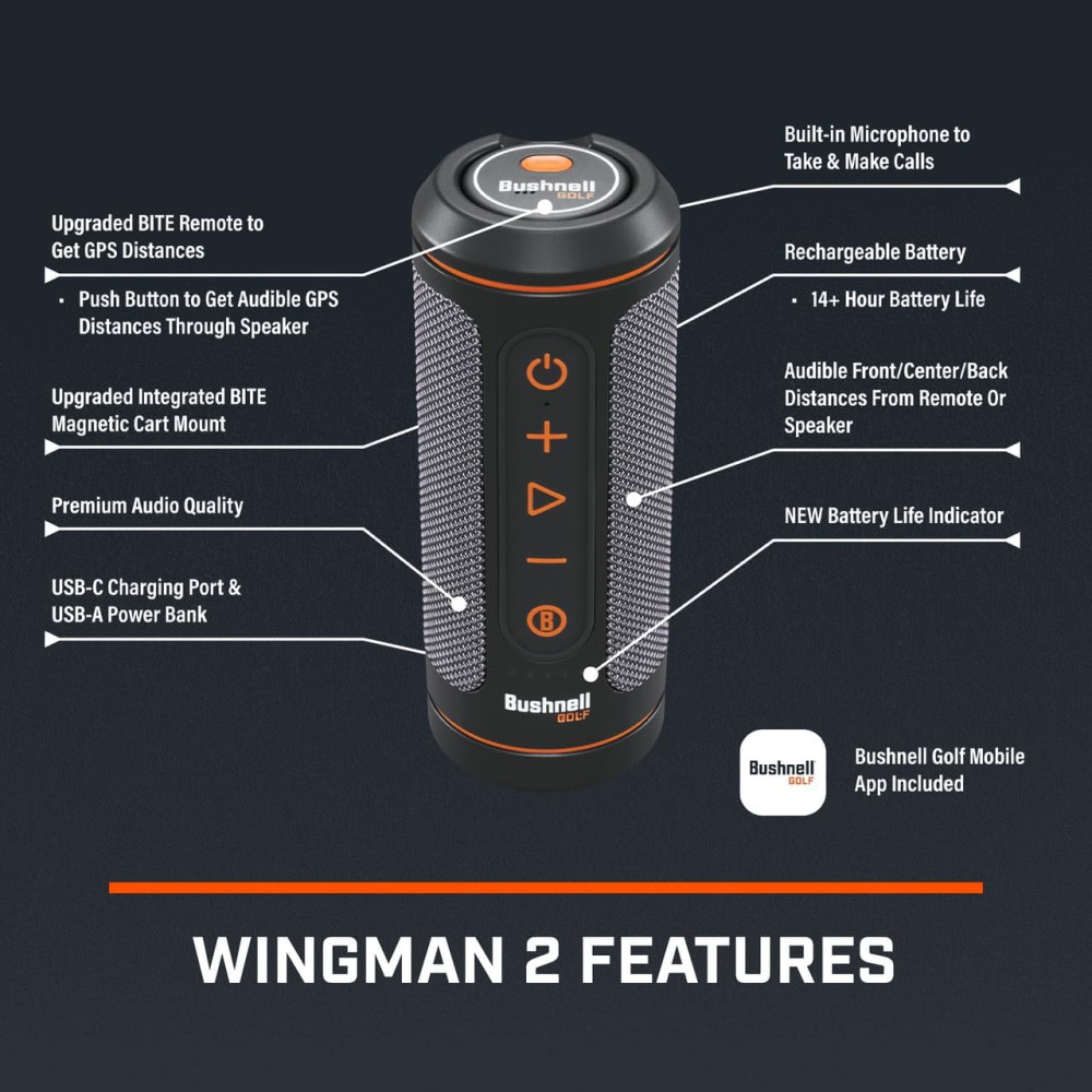 Bushnell Wingman 2 Golf Speaker 2024 | GPS, Music & Magnetic Mount Bundle