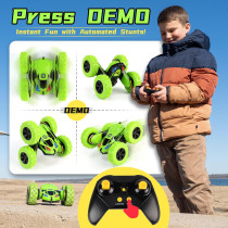 Threeking Green RC Stunt Car – 360° Flips, Double-Sided Remote Control