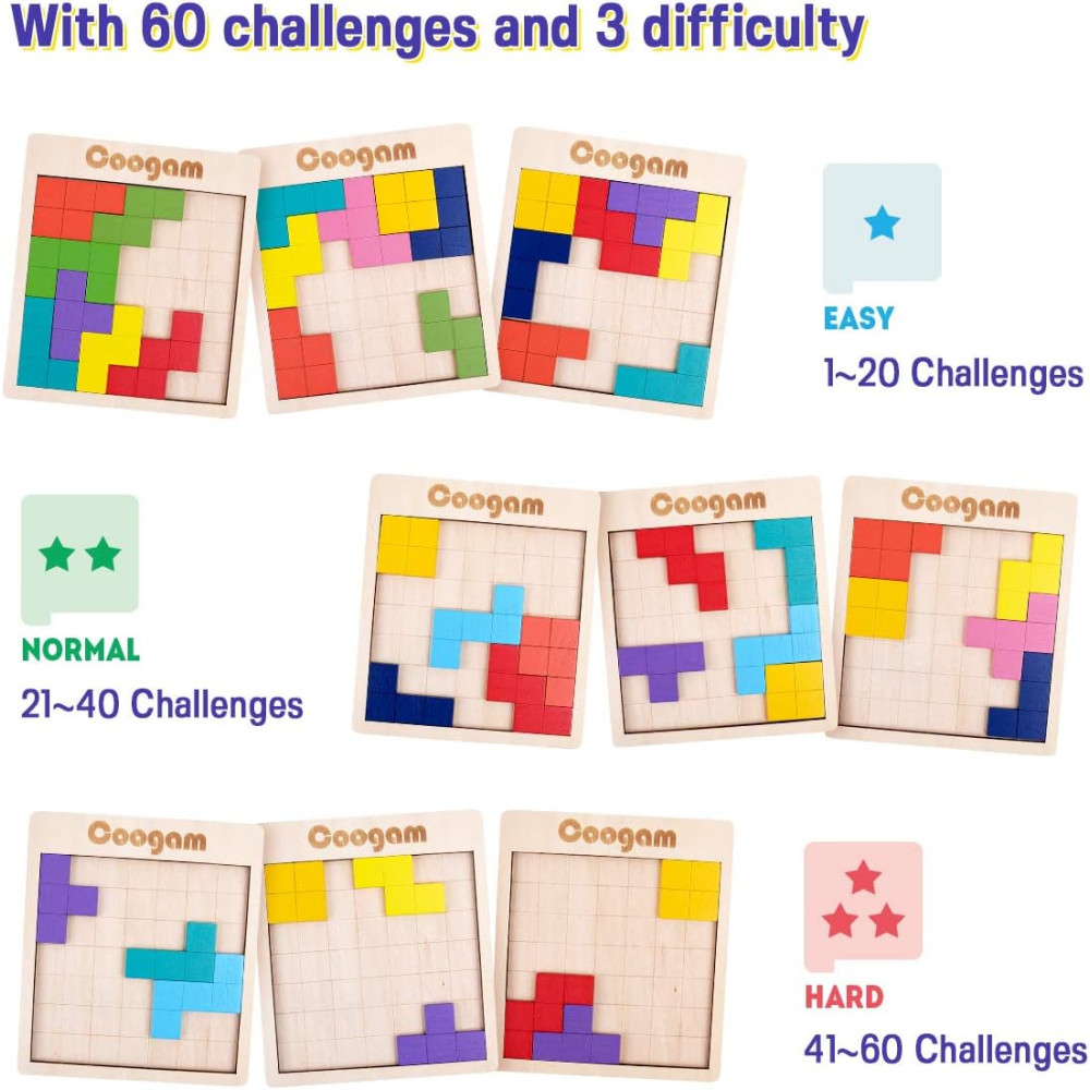 Coogam 3D Wooden Puzzle Blocks – 60 Brain Teasers & STEM Toy Gift