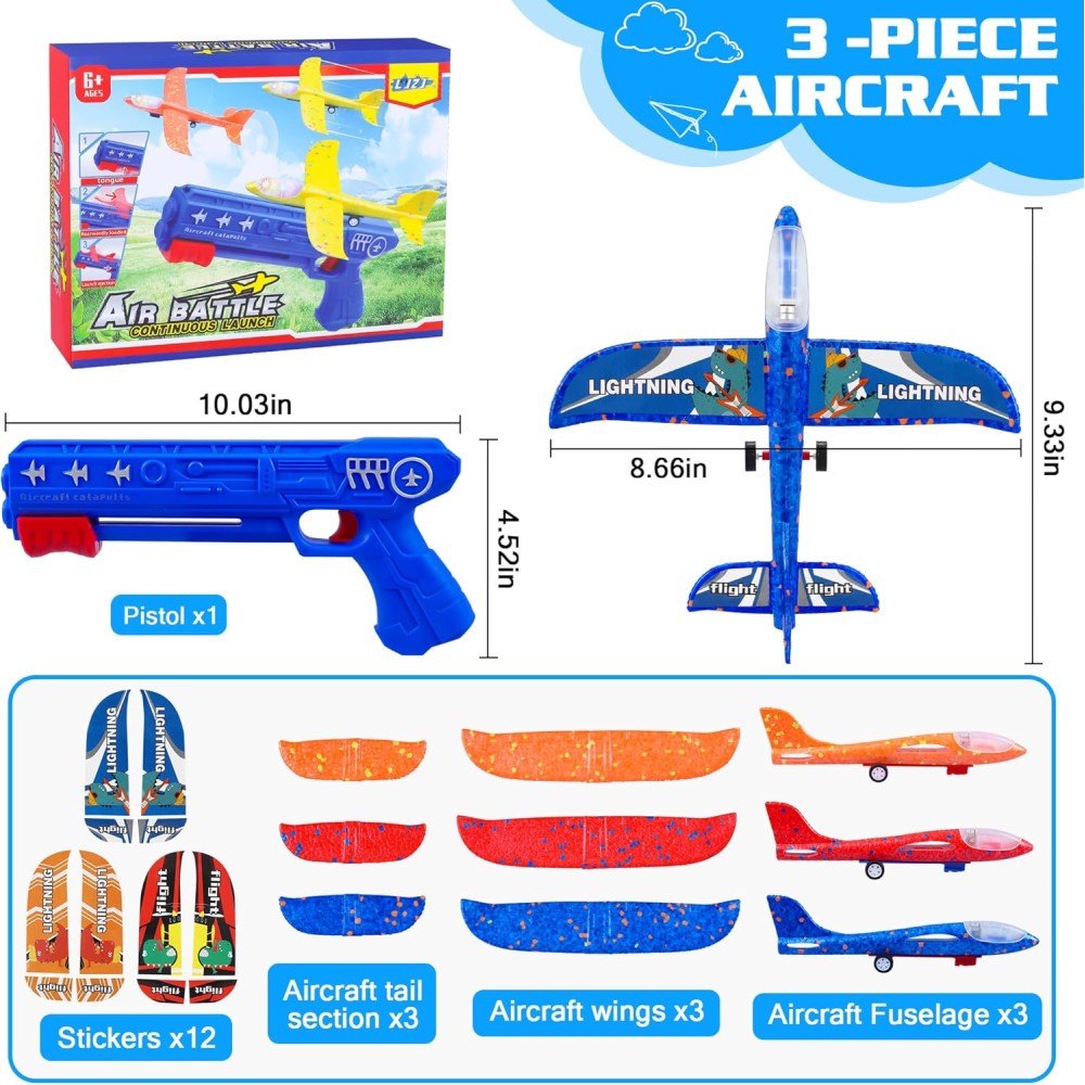 3 Pack Airplane Launcher Toys with LED Foam Glide & Catapult - Kids Gift