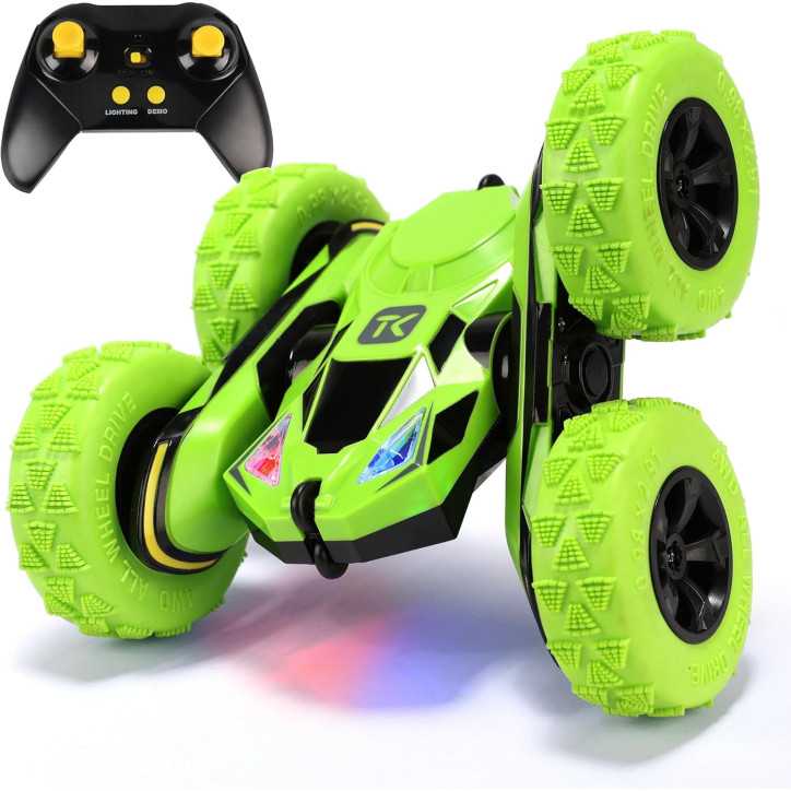 Threeking RC Double-Sided Stunt Car, 360° Flips & Rotations, Remote Control Toy - Green