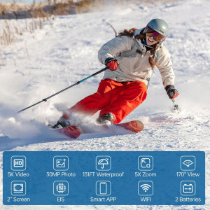 Caméra Sport 5K Étanche 170° WiFi 64GB Télécommande