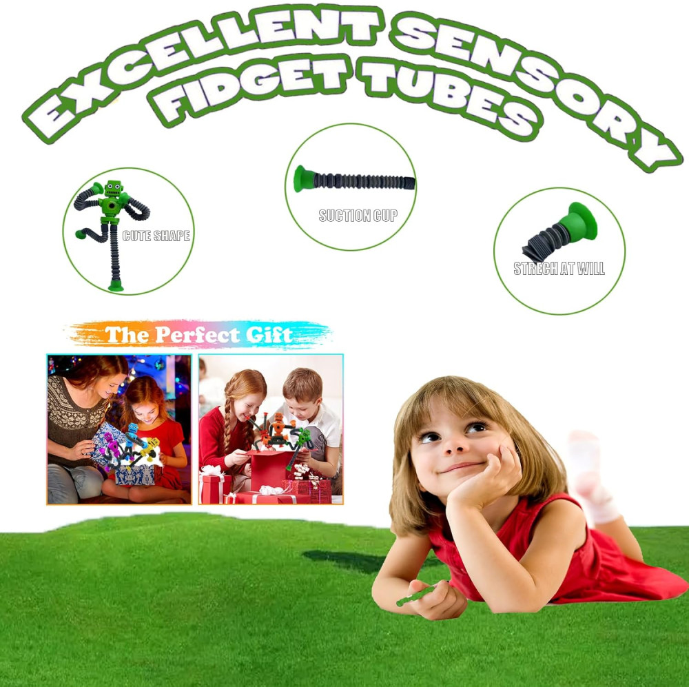 6pcs Sensory Fidget Toys: Shape Changing Robot, Suction Cups & Pop Tubes