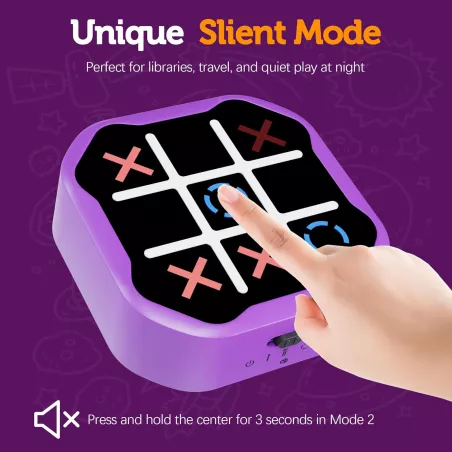 Jeu Électronique Tic Tac Toe 3-en-1 Portable Violet, Mode Silencieux, Amusant pour Enfants et Adultes