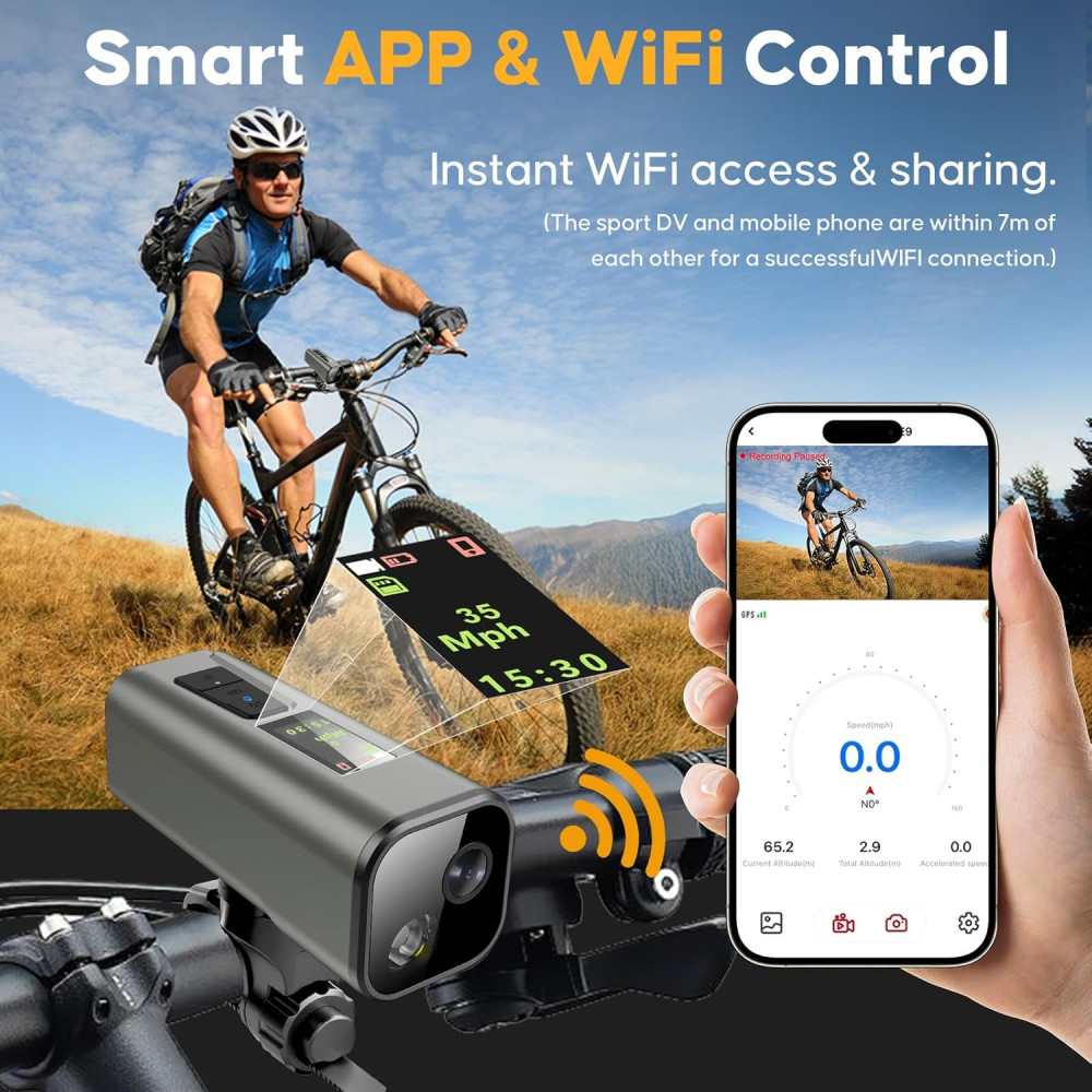4K Action Camera with GPS, Bike Speedometer, 64GB & APP Support - Grey