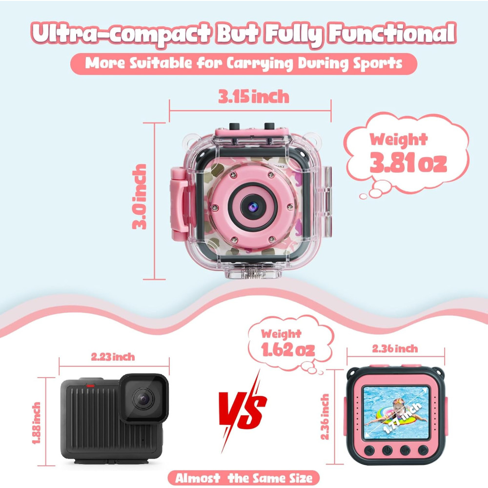 PROGRACE Kids Waterproof Camera for Girls - 1080P HD Underwater Camcorder