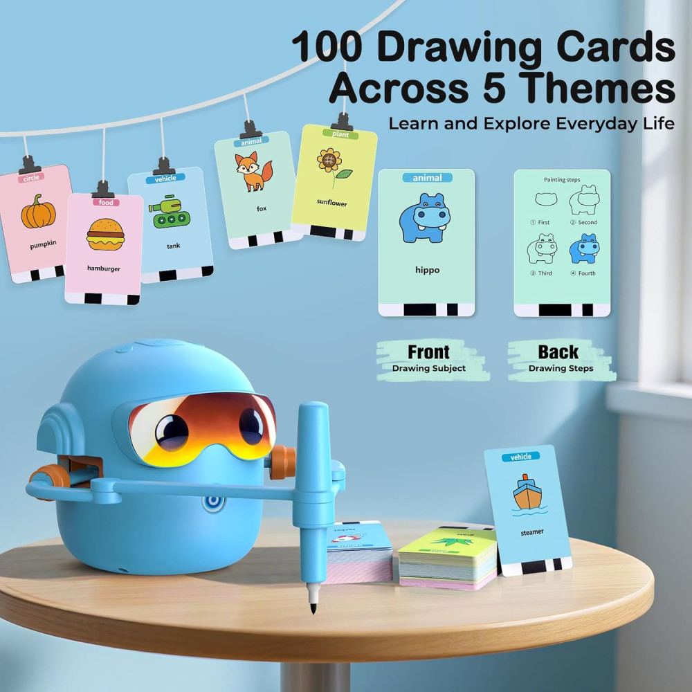 Montessori Drawing Robot for Kids with 16 Pens, 100 Cards & Music