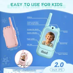 Talkie Vidéo Enfants 2 Pack Rechargeable, Jeux Intérieurs/Extérieurs, Camping, Randonnée (Bleu/Rose)