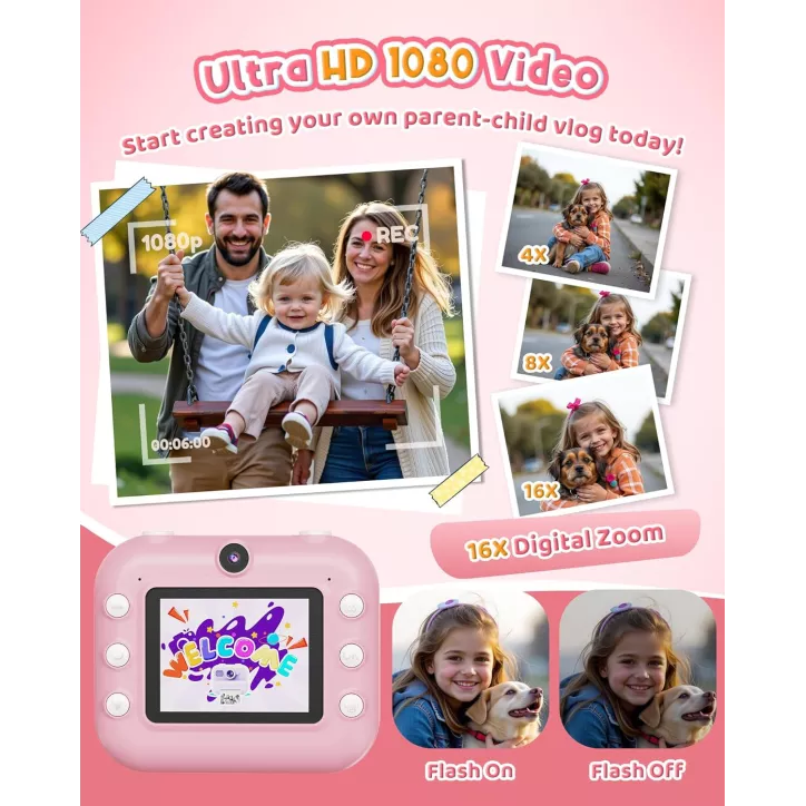 Appareil Photo Instantané Double Caméra Avant/Arrière 1080P pour Enfants 3-12 Ans, Cadeau Anniversaire