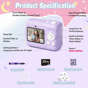 Kids Camera 1080P Instant Print for Kids with 32GB Card & Paper - Purple