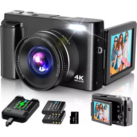 Caméra 4K Numérique 48MP 2024, Zoom 16X, Écran 3 Flip, Anti-Tremblement, 2 Batteries, SD Card Noir