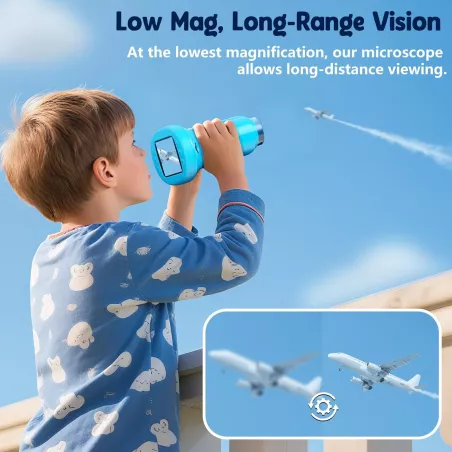 Microscope Portable 1000X pour Enfants, Écran 4K 2,4, 12 Lames, Jouet Éducatif Bleu, 3-12 Ans