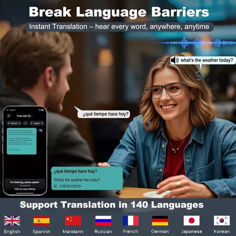 Lunettes IA avec Chat GPT Bluetooth - 164 Langues & Audio