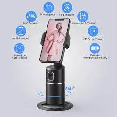 Support Téléphone Auto Suivi Visage 360° Sans Application Noir