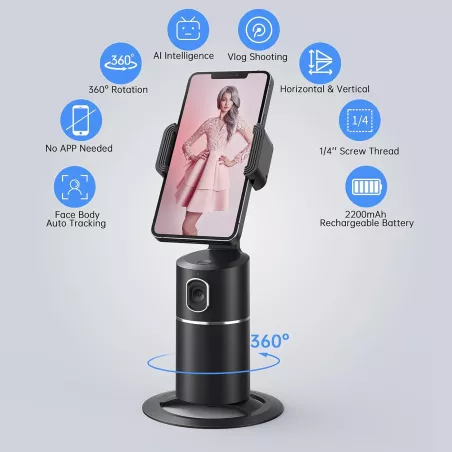 Support Téléphone Auto Suivi Visage 360° Sans Application Noir