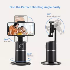 Support Téléphone Auto Suivi Visage 360° Rotation Sans Appli avec Batterie Rechargeable Noir