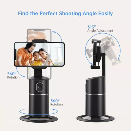 Support Téléphone Auto Suivi Visage 360° Rotation Sans Appli avec Batterie Rechargeable Noir